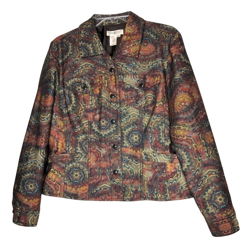 COLDWATER Creek Cotton Green, Orange, Yellow & Burgundy Floral Jacket - Medium